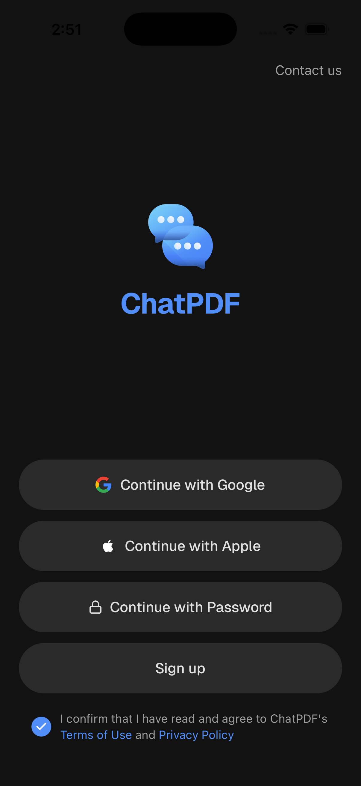 Login screenshot of ChatPDF