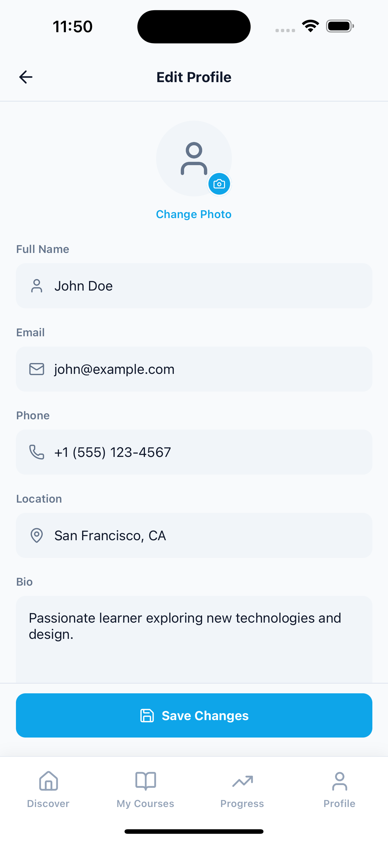Edit Profile screenshot of E Learning App