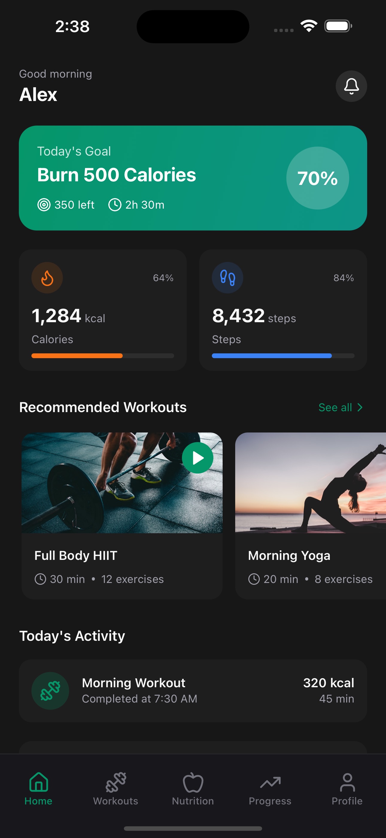 Dashboard screenshot of Fitness App