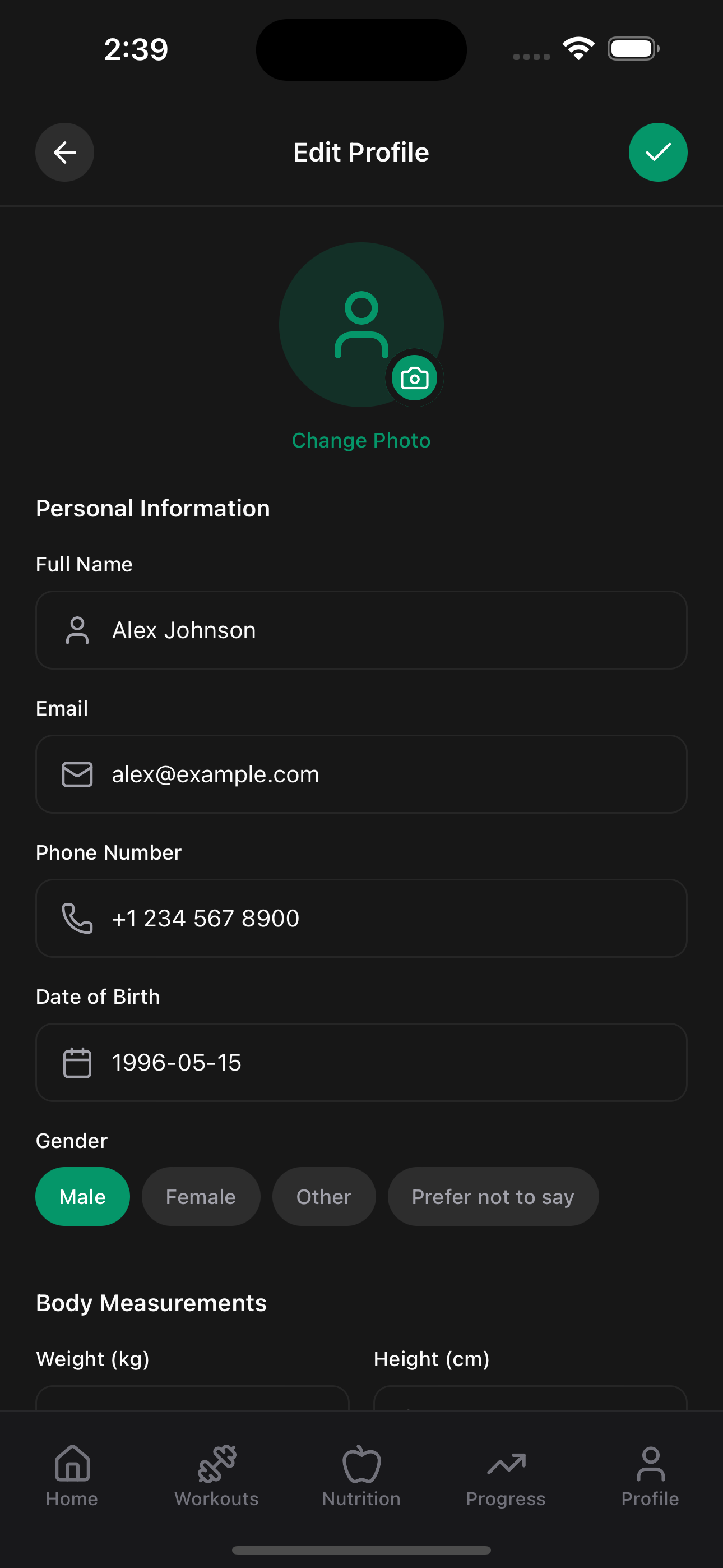 Profile Edit screenshot of Fitness App