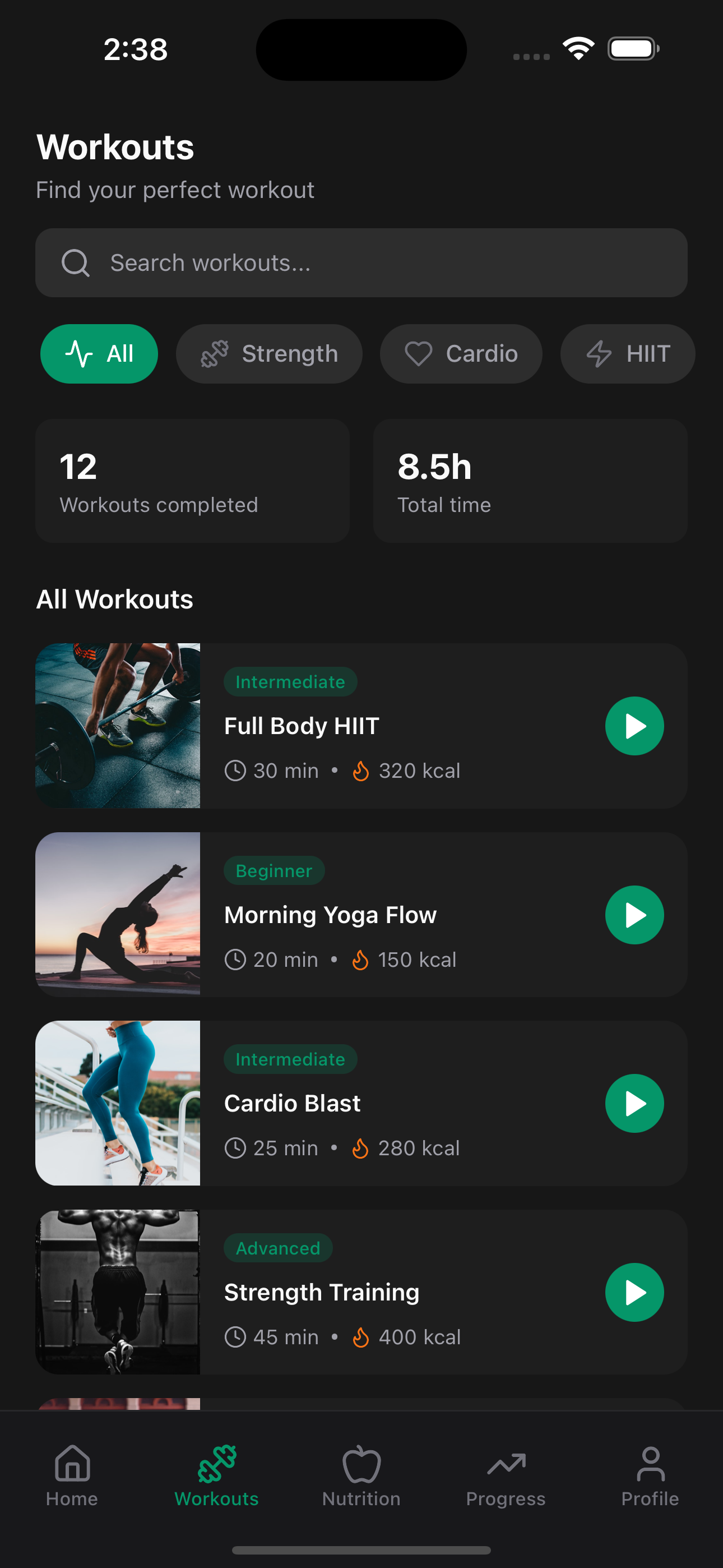 Workouts screenshot of Fitness App